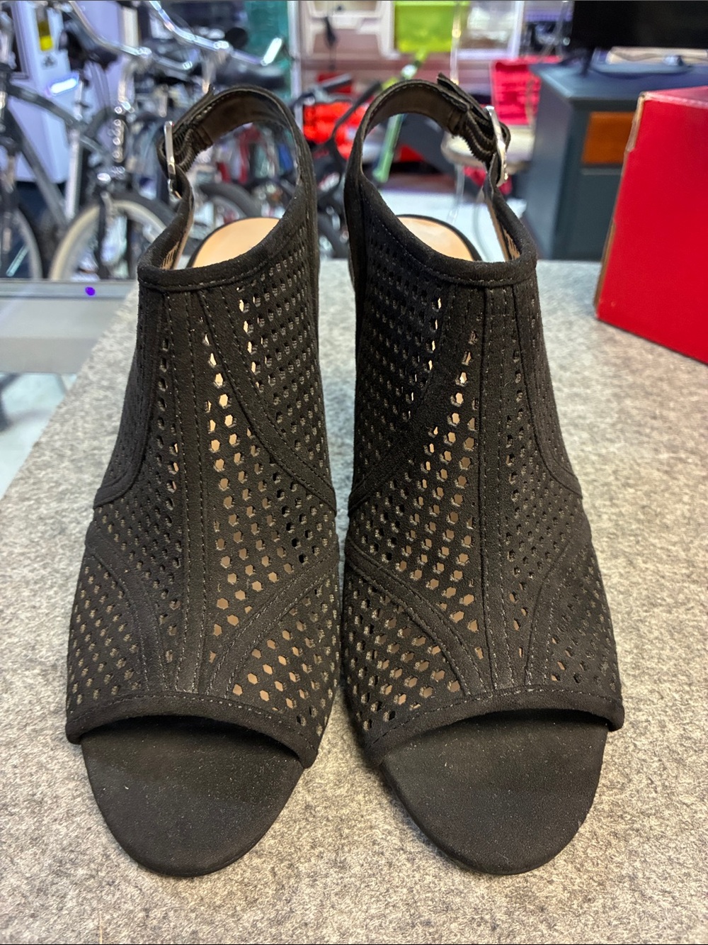 Kelly & Katie Black Perforated Open-Toe Slingback Heels
